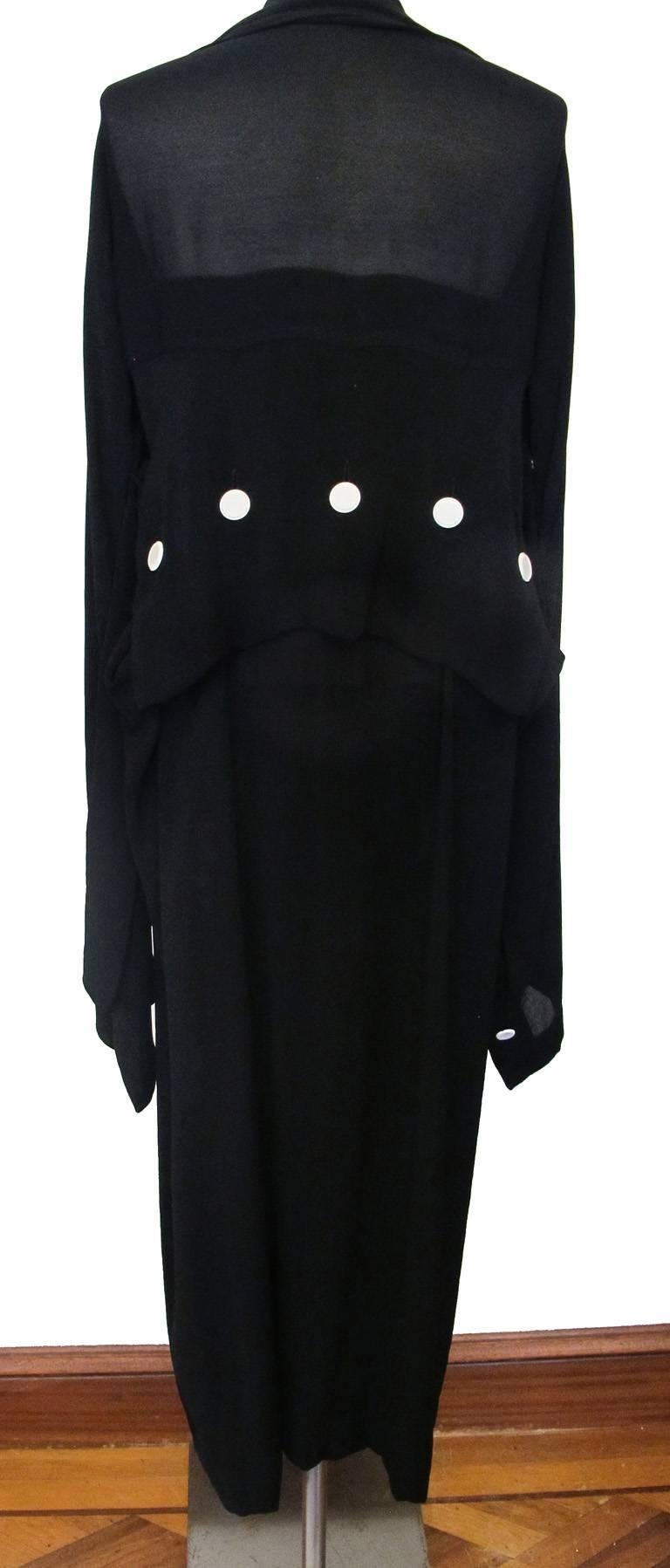 Yohji Yamamoto Long-Sleeved Black Dress with White Button Detail For Sale 4