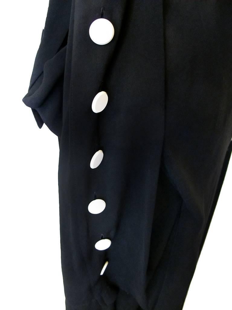 Yohji Yamamoto Long-Sleeved Black Dress with White Button Detail For Sale 3