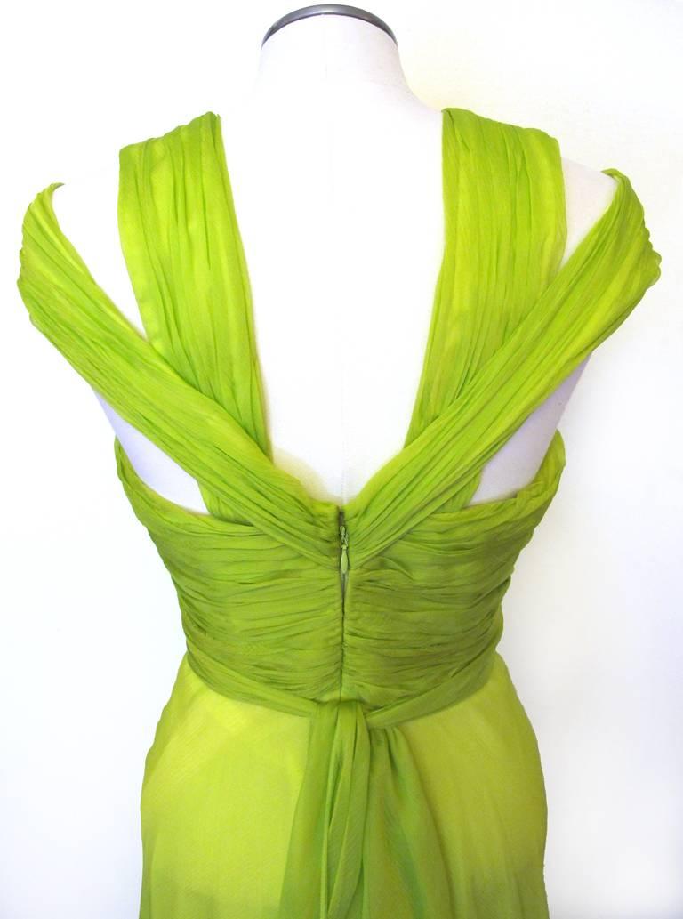 Emanuel Ungaro Chartreuse Green Silk Chiffon Halter Evening Gown For Sale 1