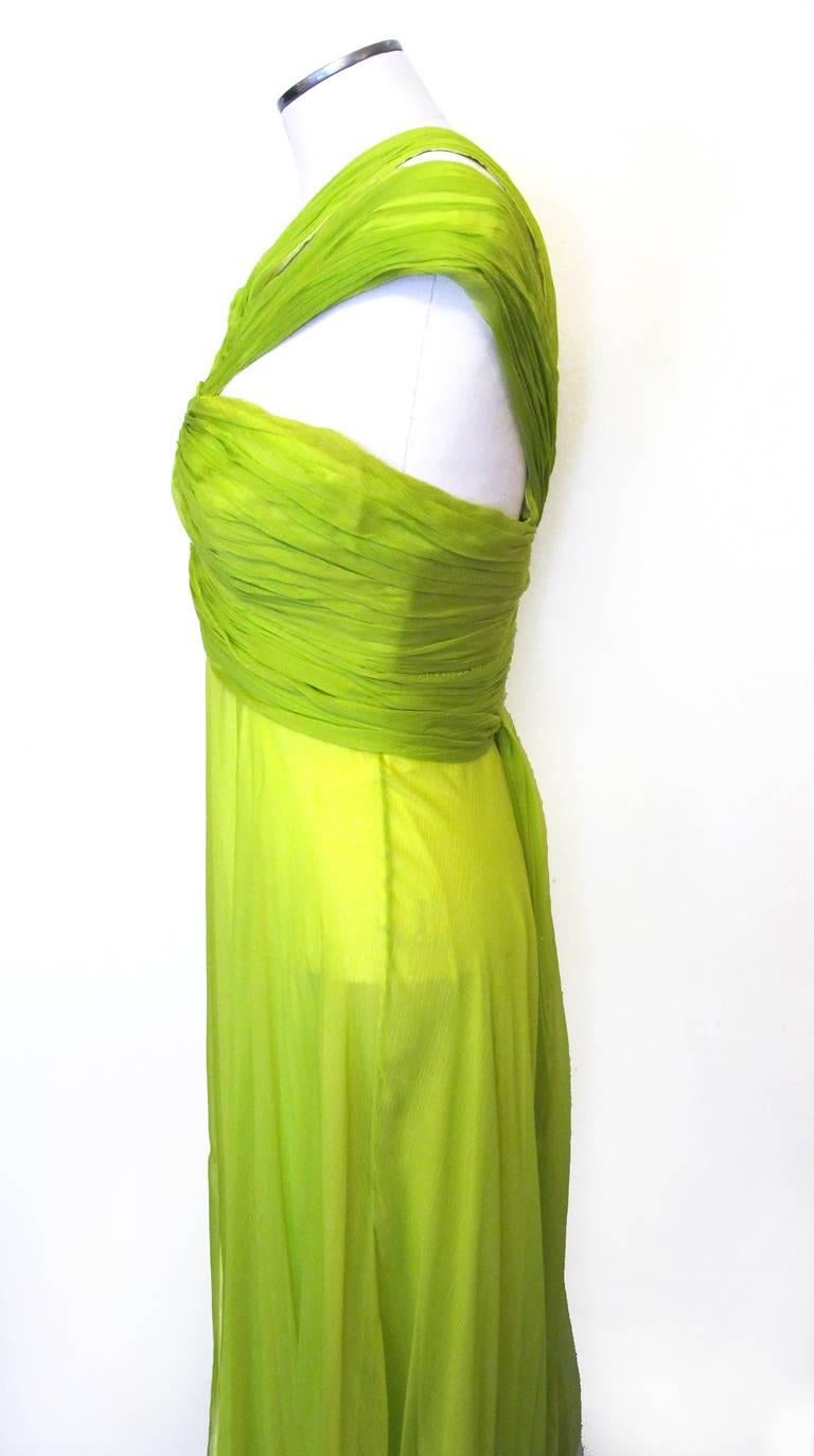 Women's Emanuel Ungaro Chartreuse Green Silk Chiffon Halter Evening Gown For Sale