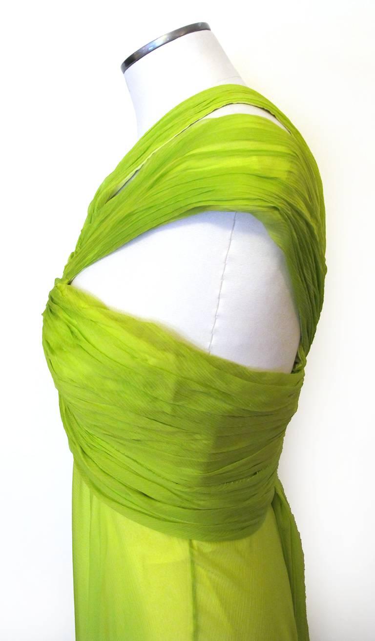 Emanuel Ungaro Chartreuse Green Silk Chiffon Halter Evening Gown In Excellent Condition For Sale In San Francisco, CA