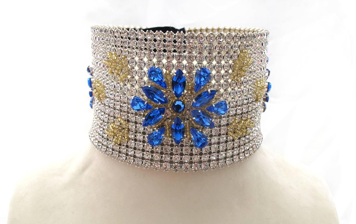 This elegant rhinestone choker is embellished with blue rhinestone flowers and gold glass beads shaping leaves...so chic when worn. The original price was $1,200 – and it was purchased at the elegant San Francisco store, Susan on Sacramento Street.