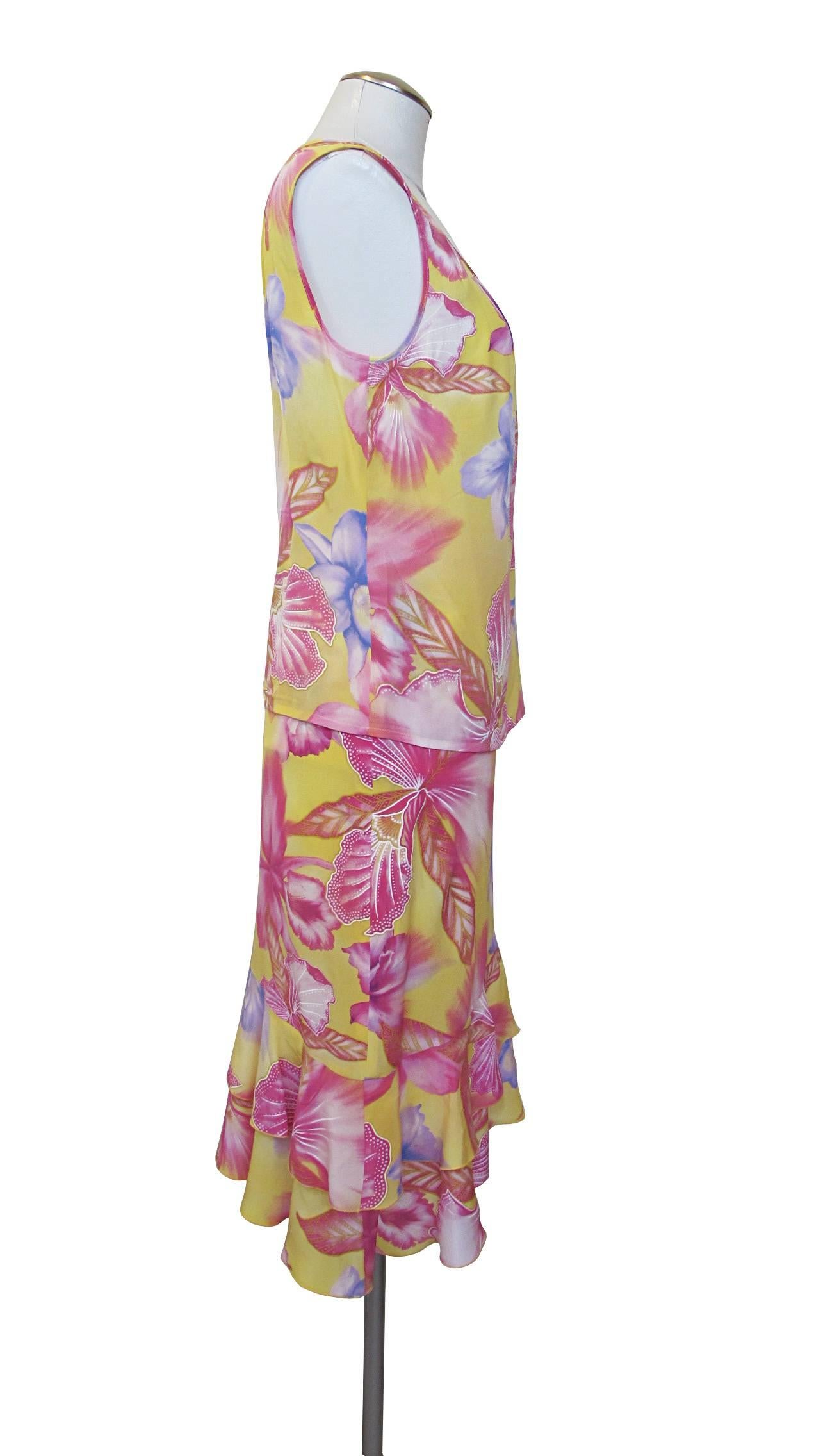 Beige Escada Yellow Pink Blue Silk Tropical Floral Printed Silk Skirt and Blouse Set For Sale