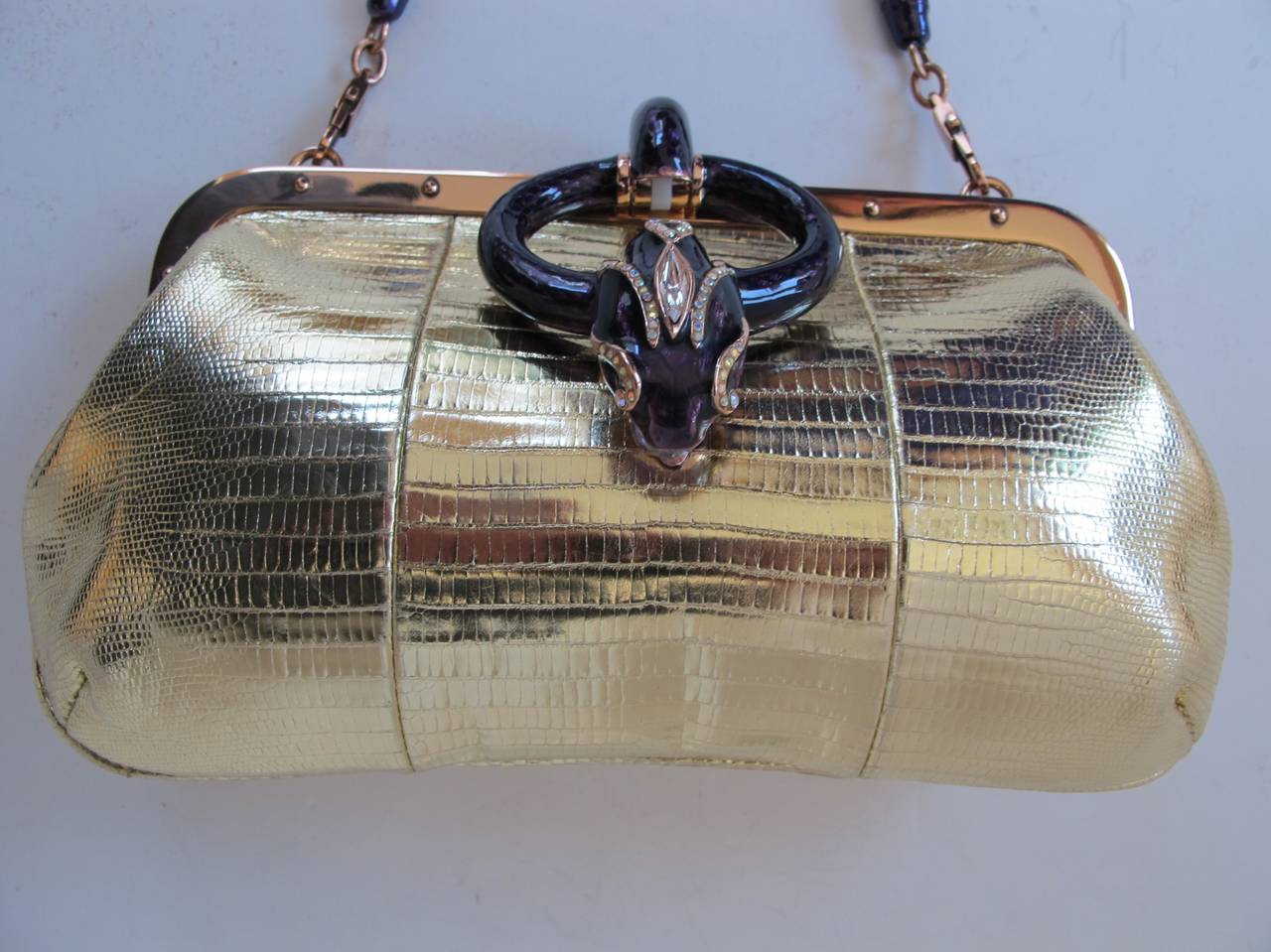 Brown Rare Tom Ford for Gucci Gold Faux Lizard Purse with Cloisonné