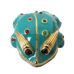 Judith Lieber 18K Gold Plated Frog Brooch with Semi Precious Stones: 1995