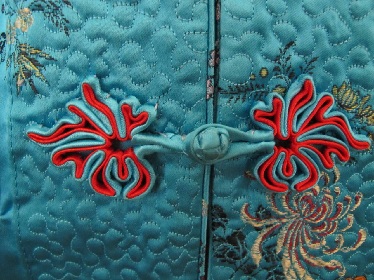Women's 1970's Turquoise Reversible Chinese Jacket with Floral Design