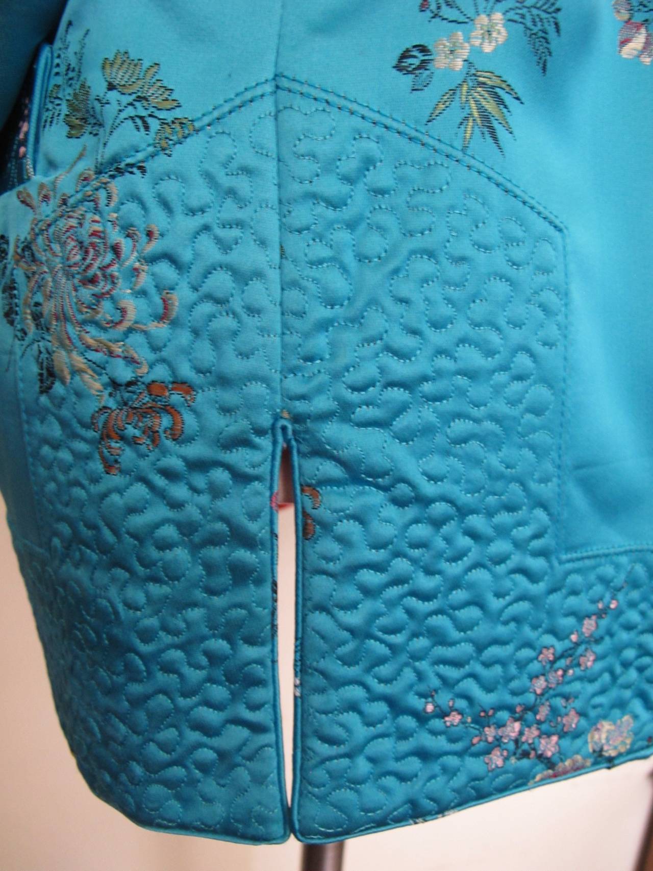 1970's Turquoise Reversible Chinese Jacket with Floral Design 2