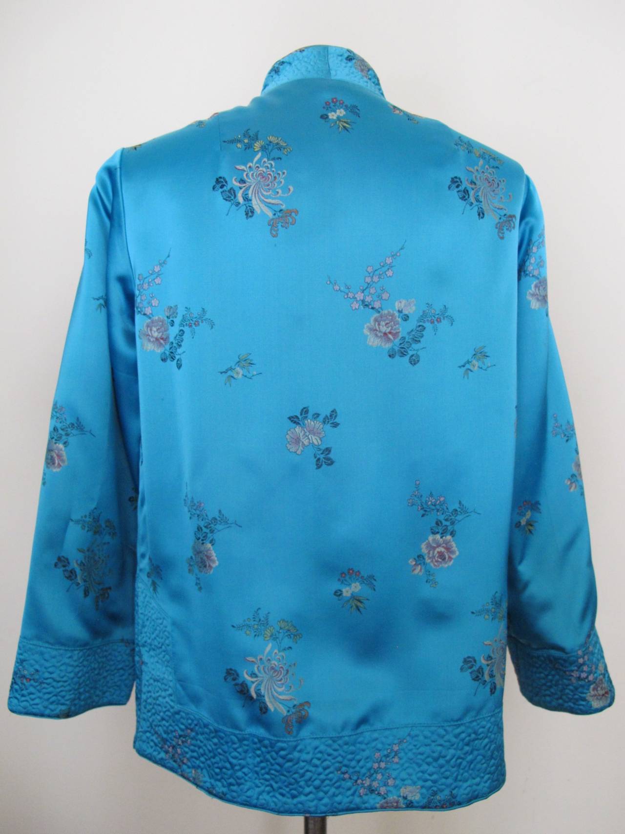 Blue 1970's Turquoise Reversible Chinese Jacket with Floral Design