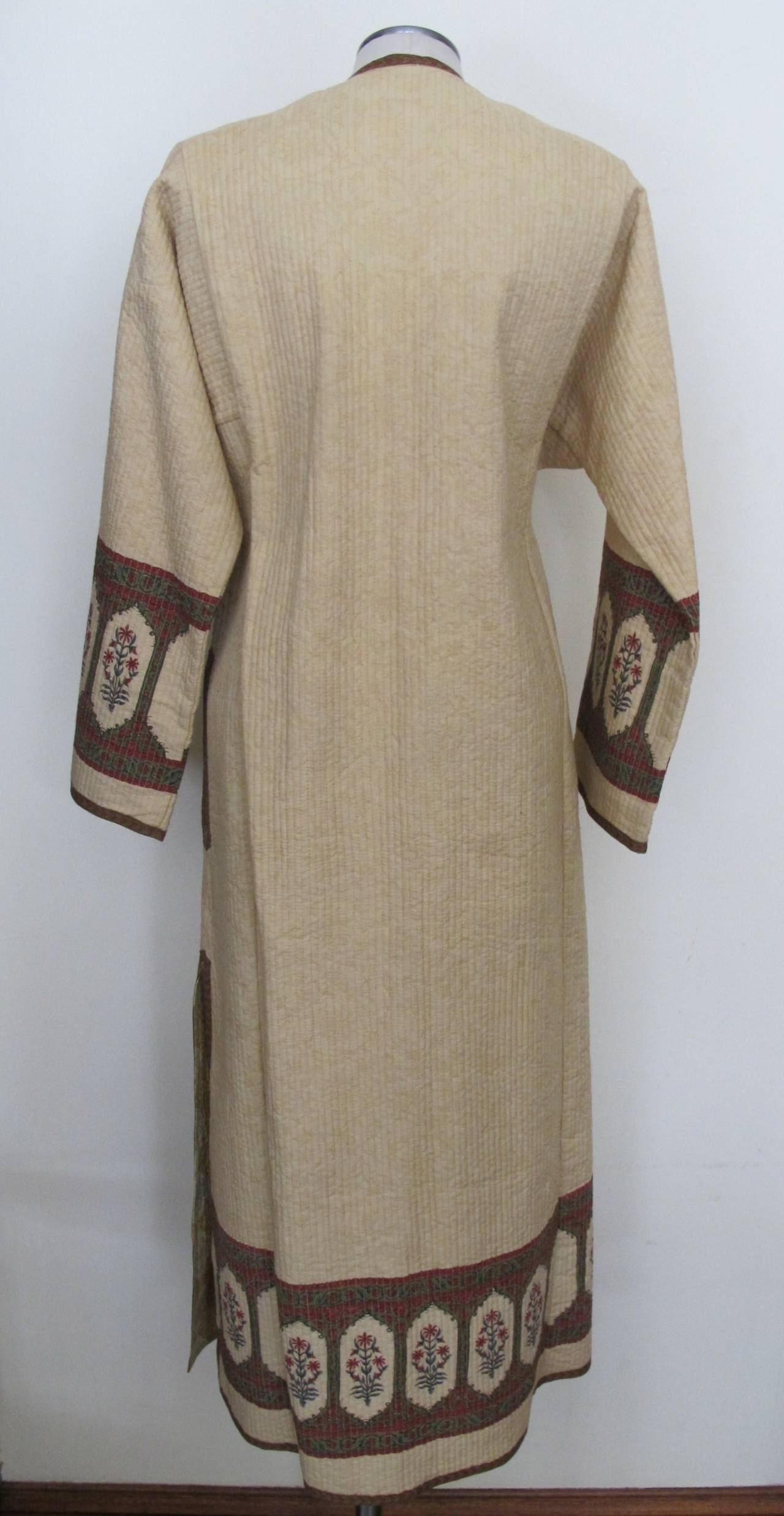 Brown Asian Quilted Light Beige Robe with Flower Detail For Sale