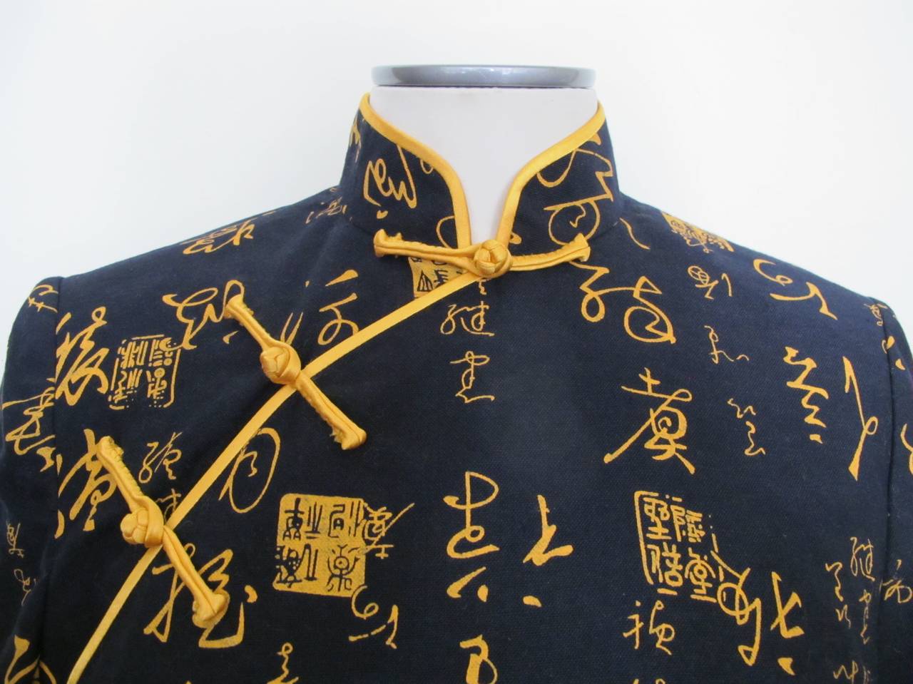 Black Qipao Long Sleeve Navy Blue with Neon Orange Chinese Characters For Sale