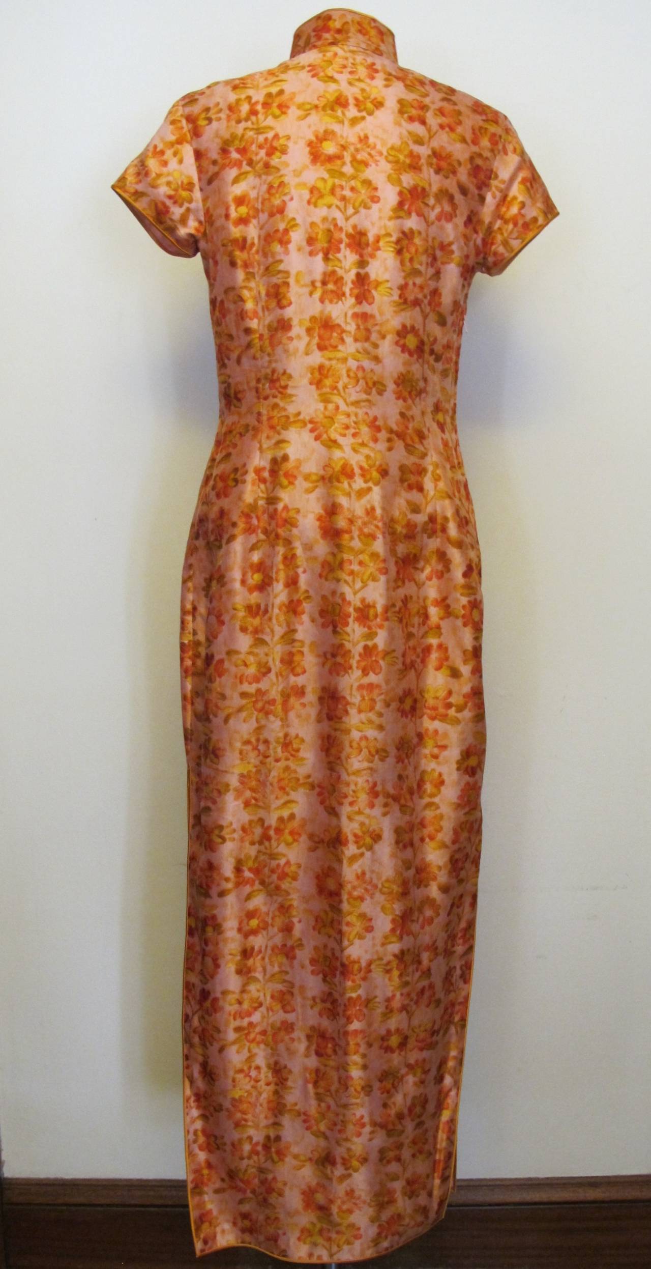 Brown Qipao Salmon Silk Dress with Flowers For Sale