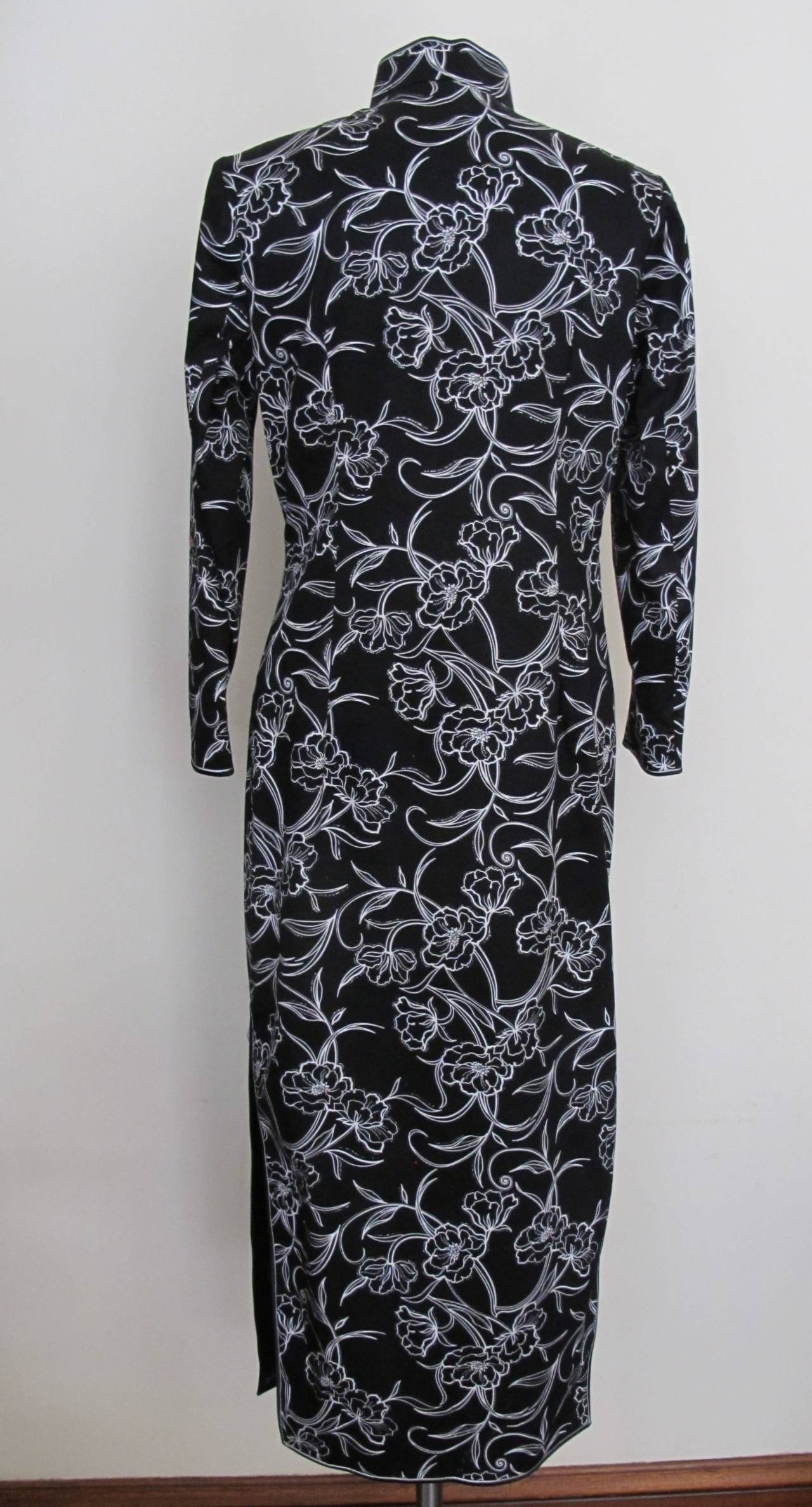 Qipao Black Silk Cotton Dress with White Flower Design and Silver Decents For Sale 1
