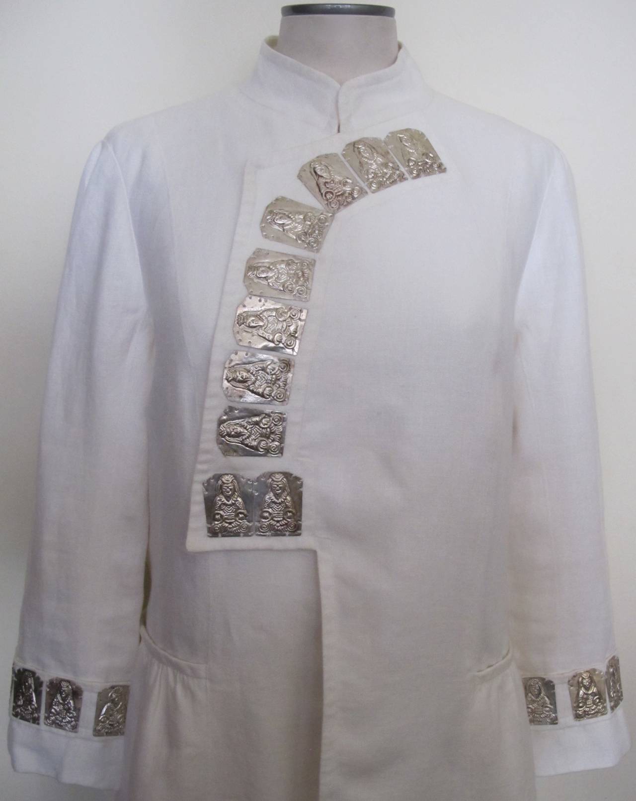 Women's Vivienne Tam 1990's White Linen Dress with Silver Buddha Medallions For Sale