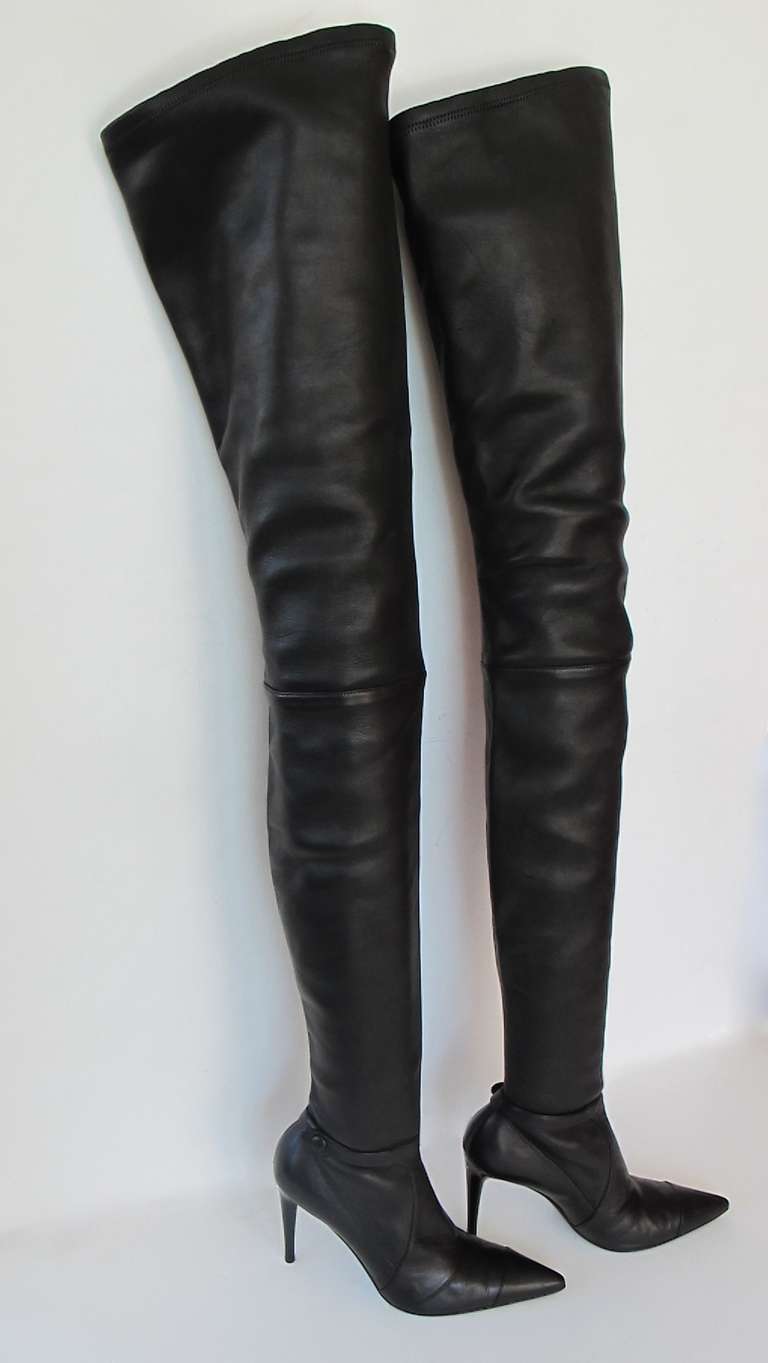 Chanel Black Lambskin Leather Thigh High Boots at 1stdibs