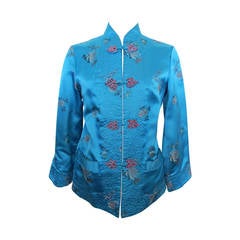 1970's Turquoise Reversible Chinese Jacket with Floral Design