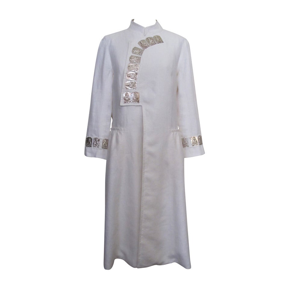 Vivienne Tam 1990's White Linen Dress with Silver Buddha Medallions For Sale