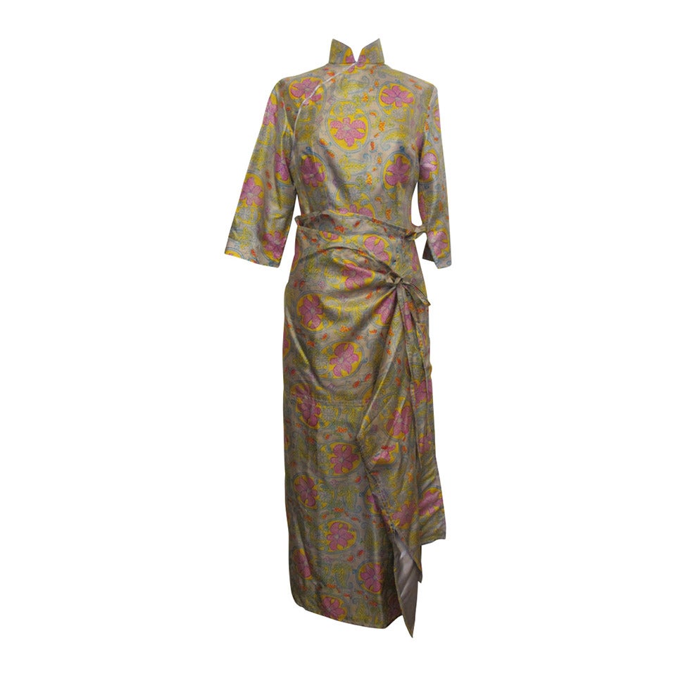 Qipao Silk Lotus Design Dress and Matching Wrap Around Skirt For Sale