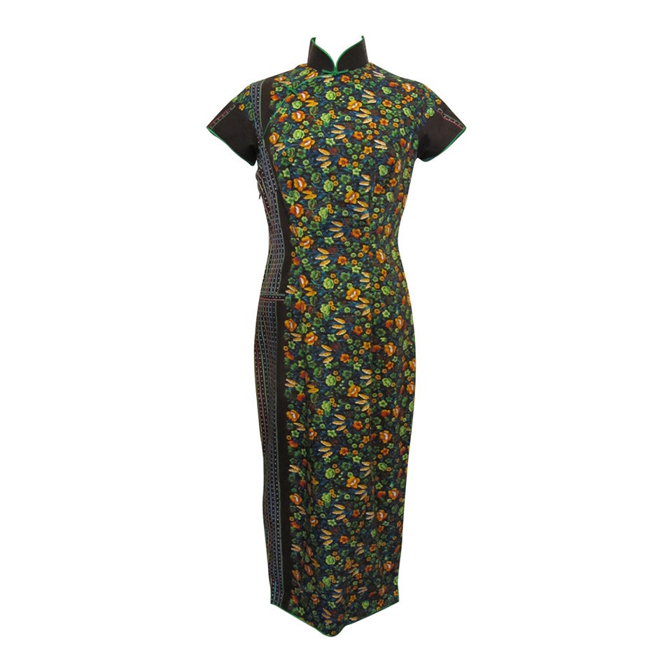 New-Old Qipao Stylish, Tight Fitting Brown Floral Dress For Sale