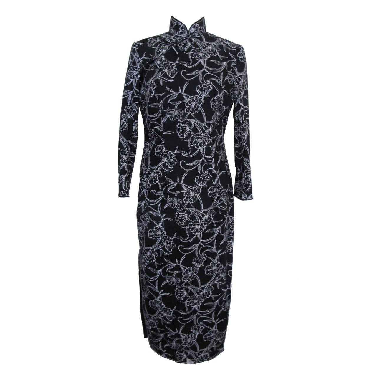 Qipao Black Silk Cotton Dress with White Flower Design and Silver Decents For Sale