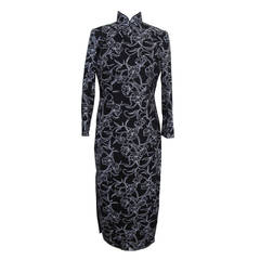 Qipao Black Silk Cotton Dress with White Flower Design and Silver Decents