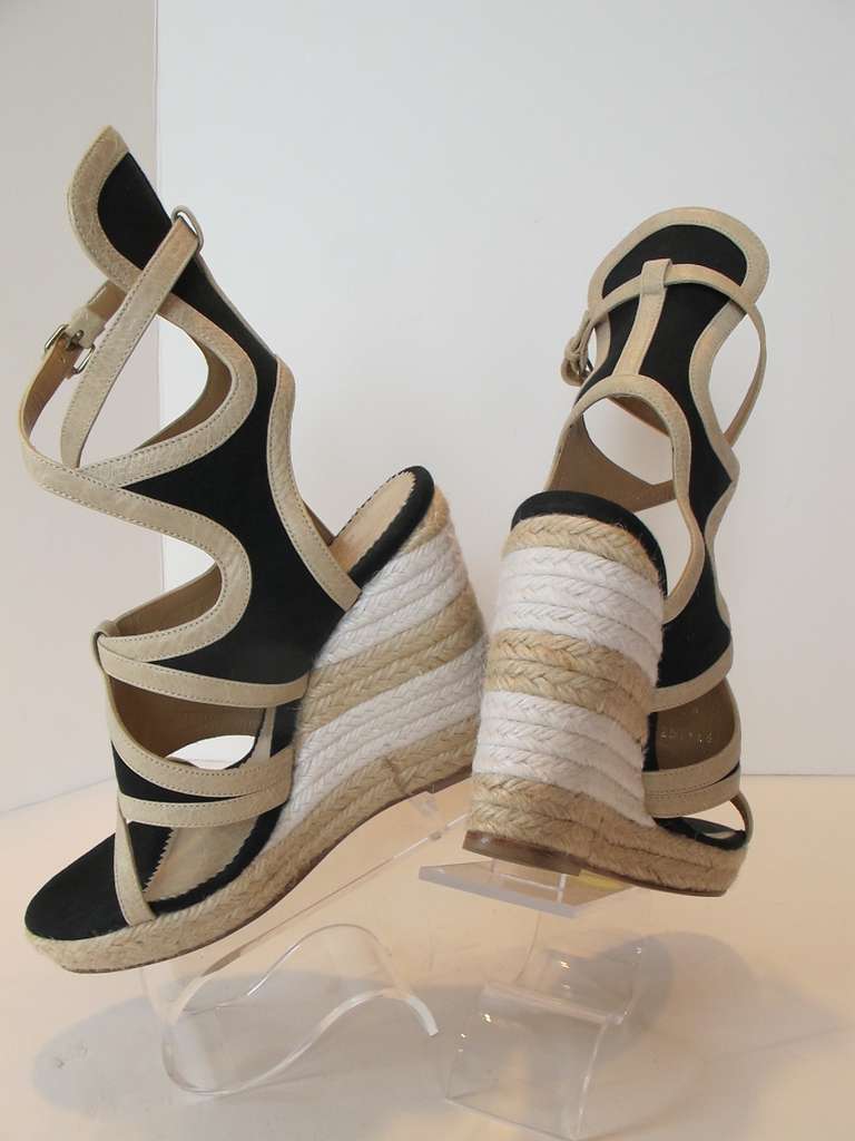 Brown Balenciaga Black Canvas and Beige Leather Espadrille Wedge Sandals For Sale