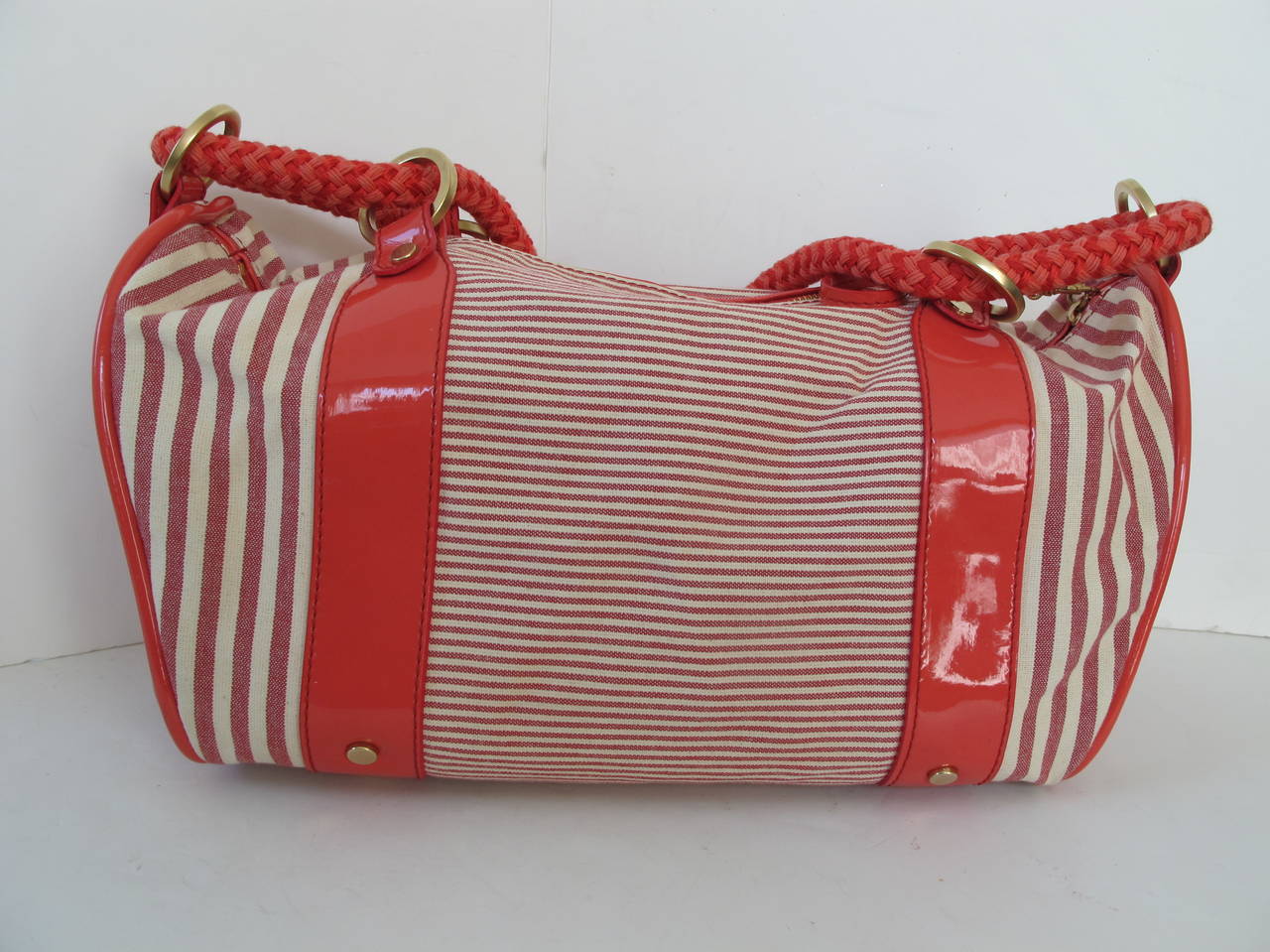 Brown Stella McCartney Red and White Stripe Canvas Handbag For Sale