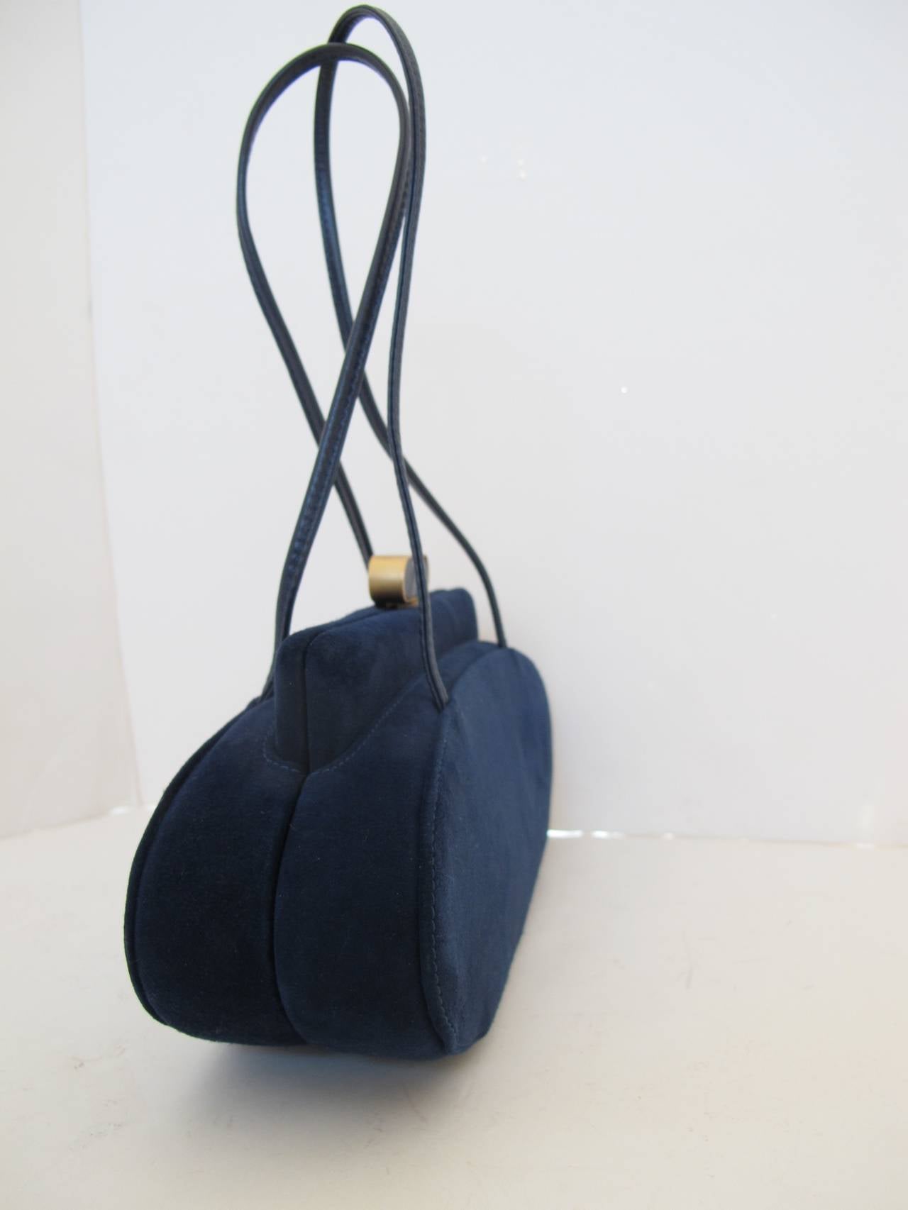 1950's Charles Jourdan Navy Blue Suede Handbag In Excellent Condition For Sale In San Francisco, CA