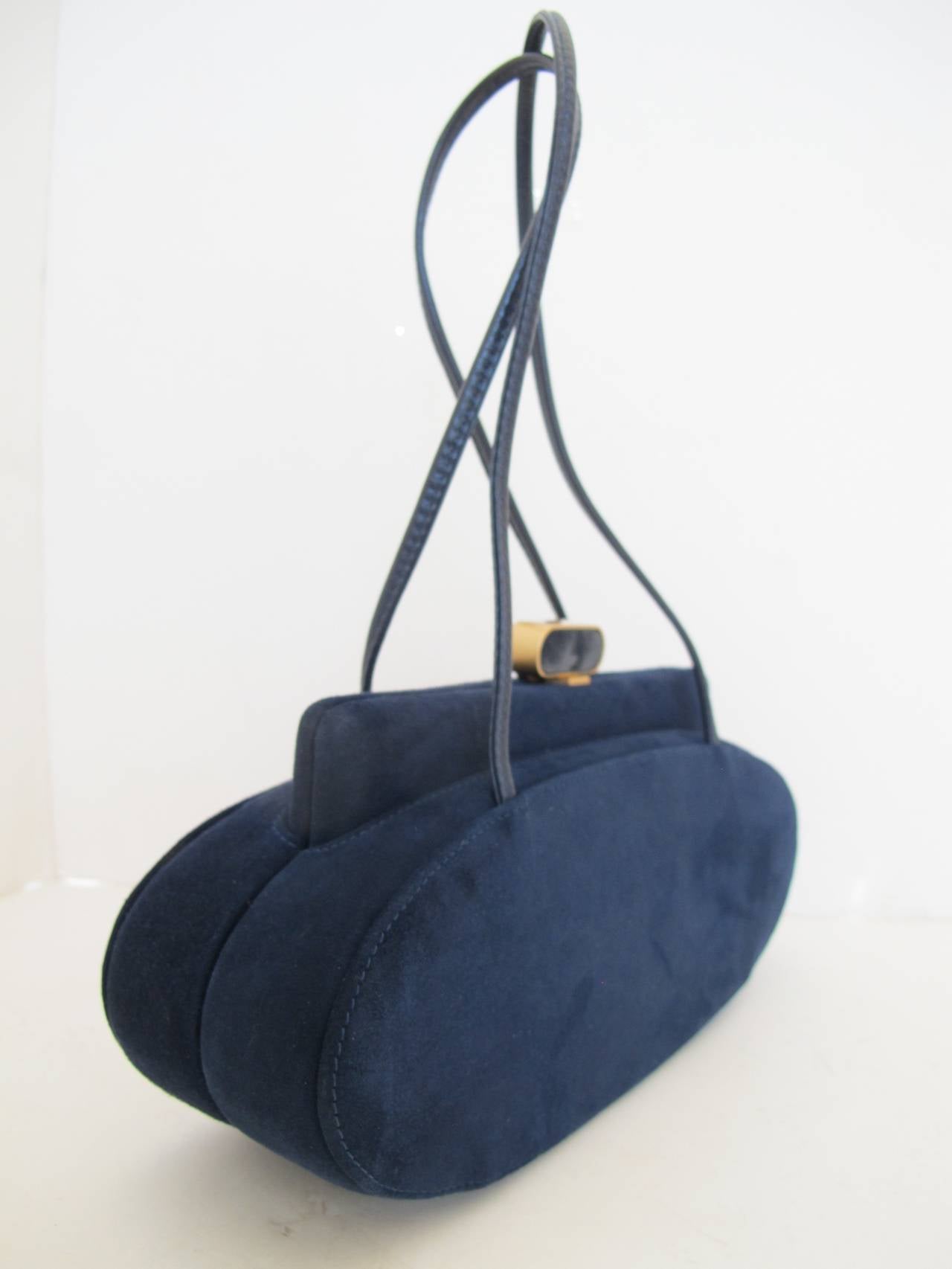 Purple 1950's Charles Jourdan Navy Blue Suede Handbag For Sale