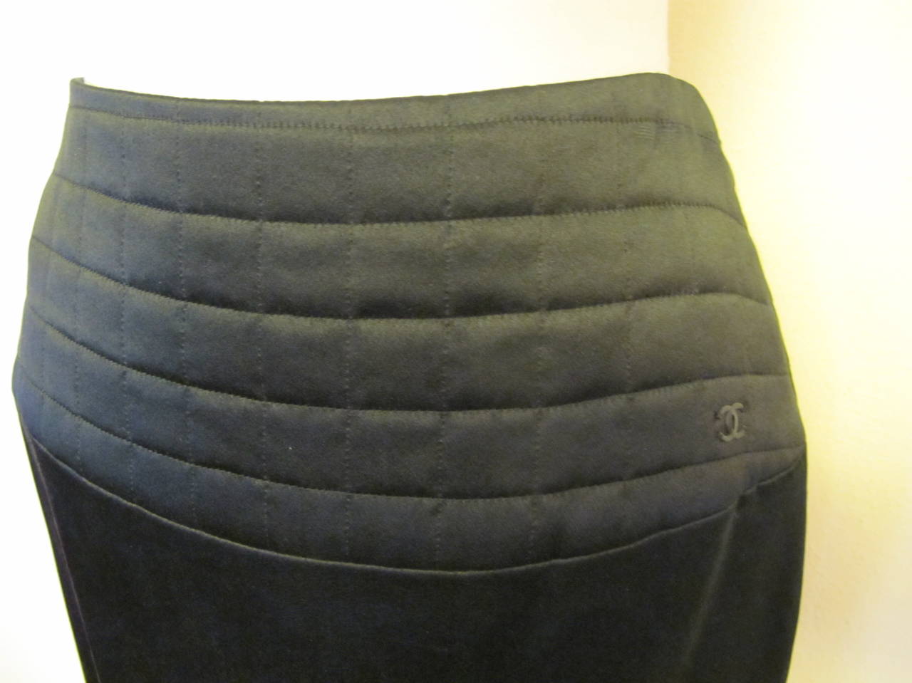 Chanel Black Satin Skirt with Iconic Black Quilting on Top of Skirt For Sale 2
