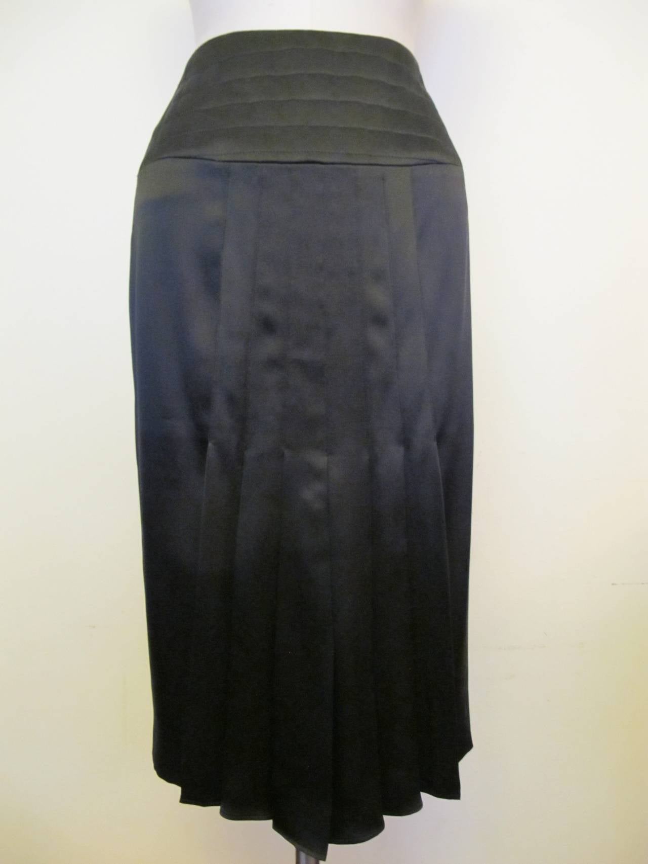 Chanel Black Satin Skirt with Iconic Black Quilting on Top of Skirt In Excellent Condition For Sale In San Francisco, CA
