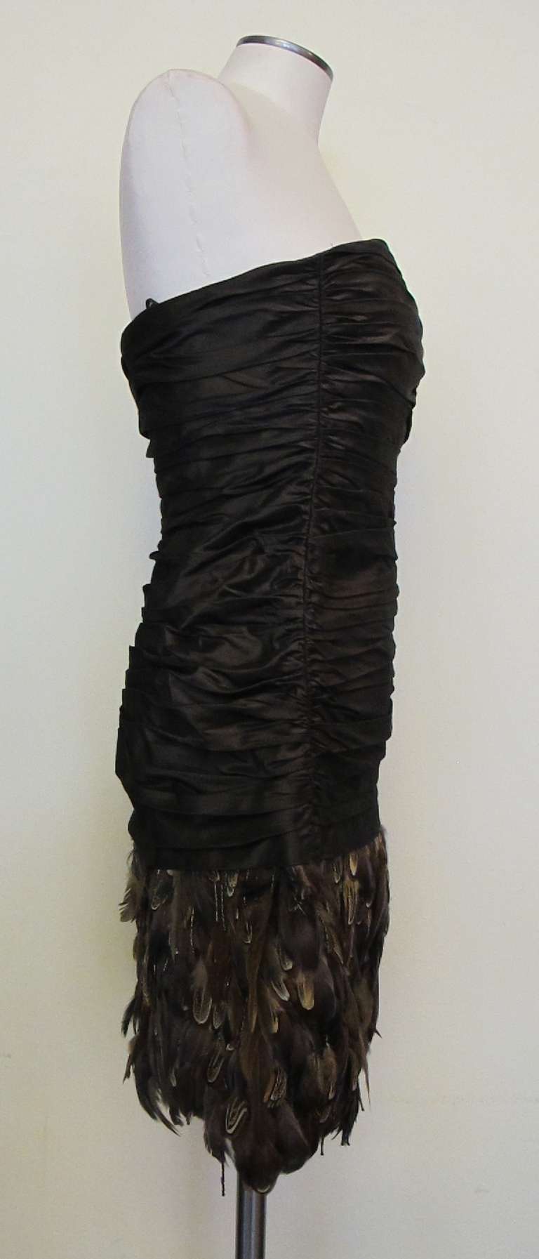Black New Ralph Lauren Brown Silk Taffeta Feather Cocktail Dress For Sale