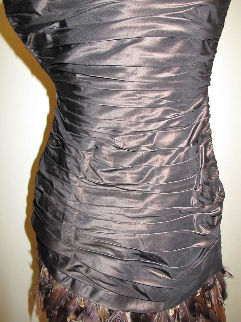 New Ralph Lauren Brown Silk Taffeta Feather Cocktail Dress In New Condition For Sale In San Francisco, CA