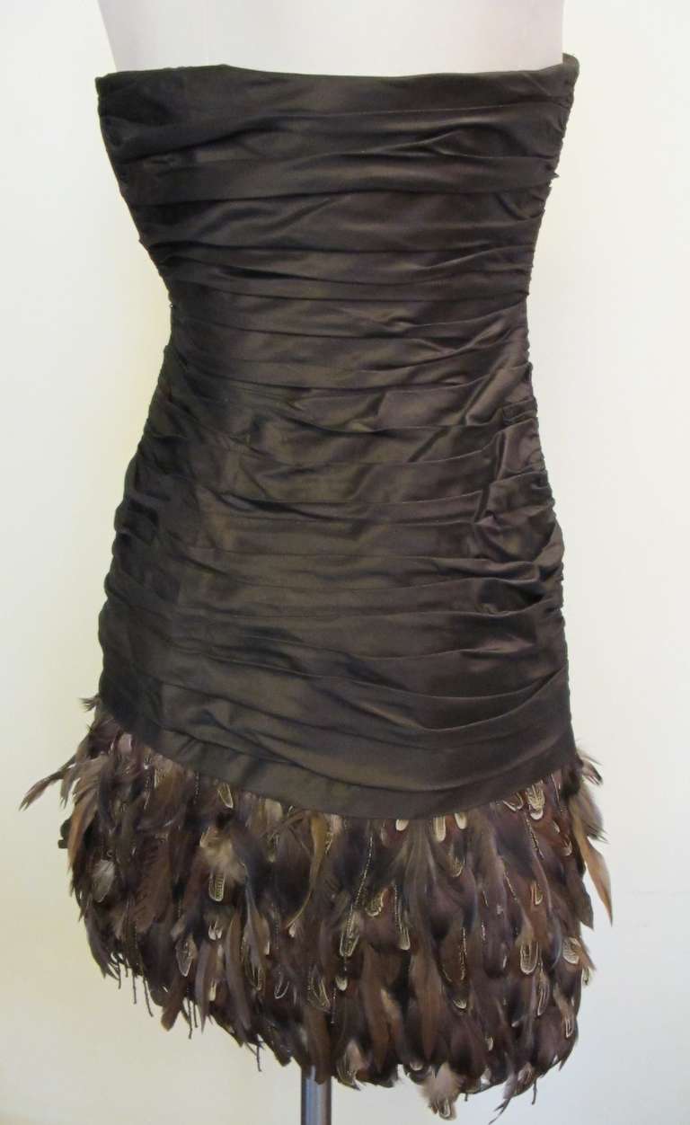 New Ralph Lauren Brown Silk Taffeta Feather Cocktail Dress For Sale 1