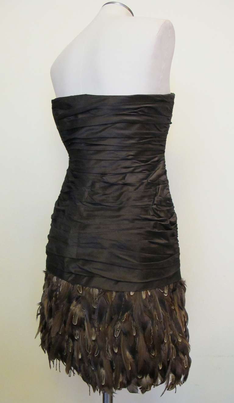 Women's New Ralph Lauren Brown Silk Taffeta Feather Cocktail Dress For Sale