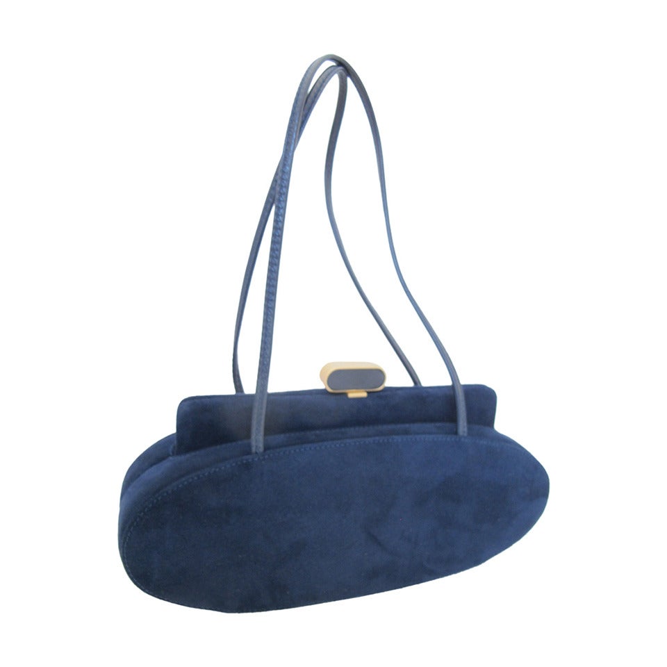 1950's Charles Jourdan Navy Blue Suede Handbag For Sale