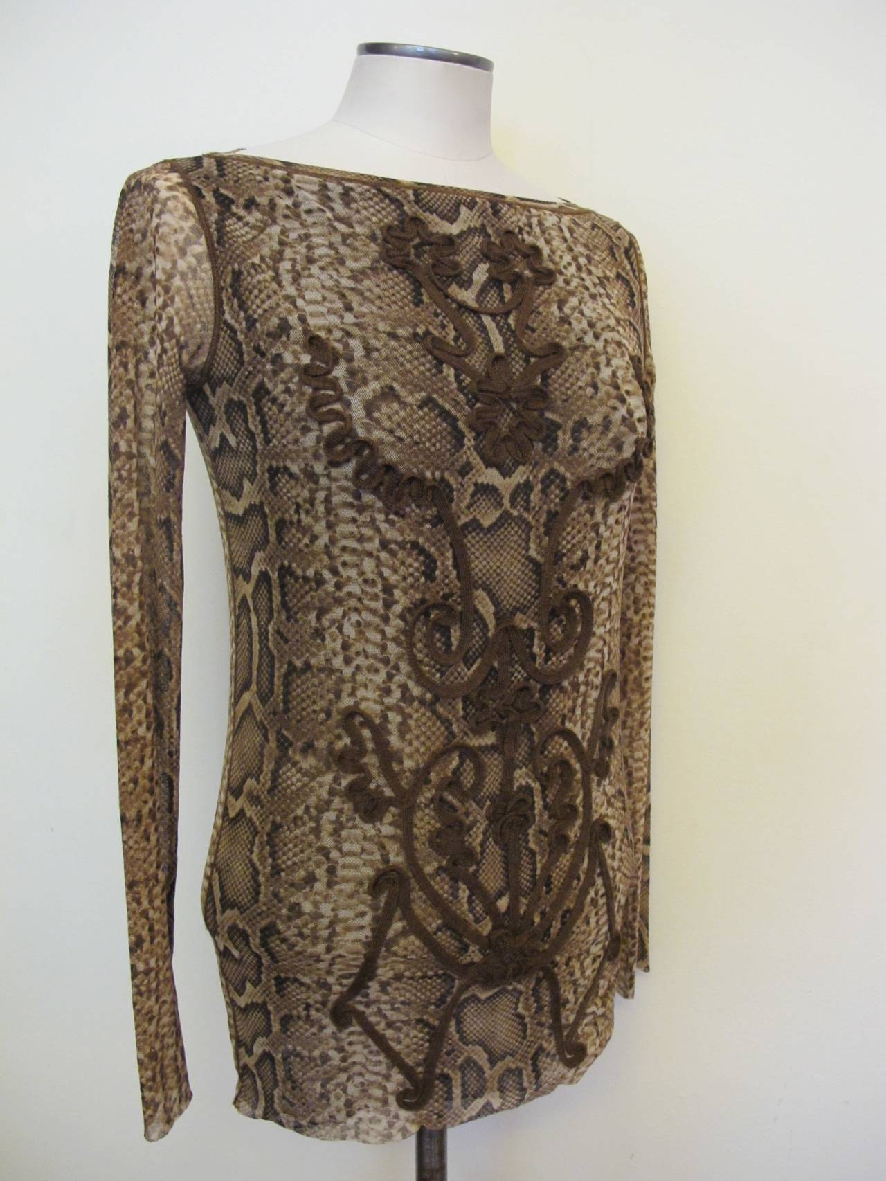 Jean Paul Gaultier Soleil Brown. Beige Snakeskin Theme Blouse In Excellent Condition For Sale In San Francisco, CA