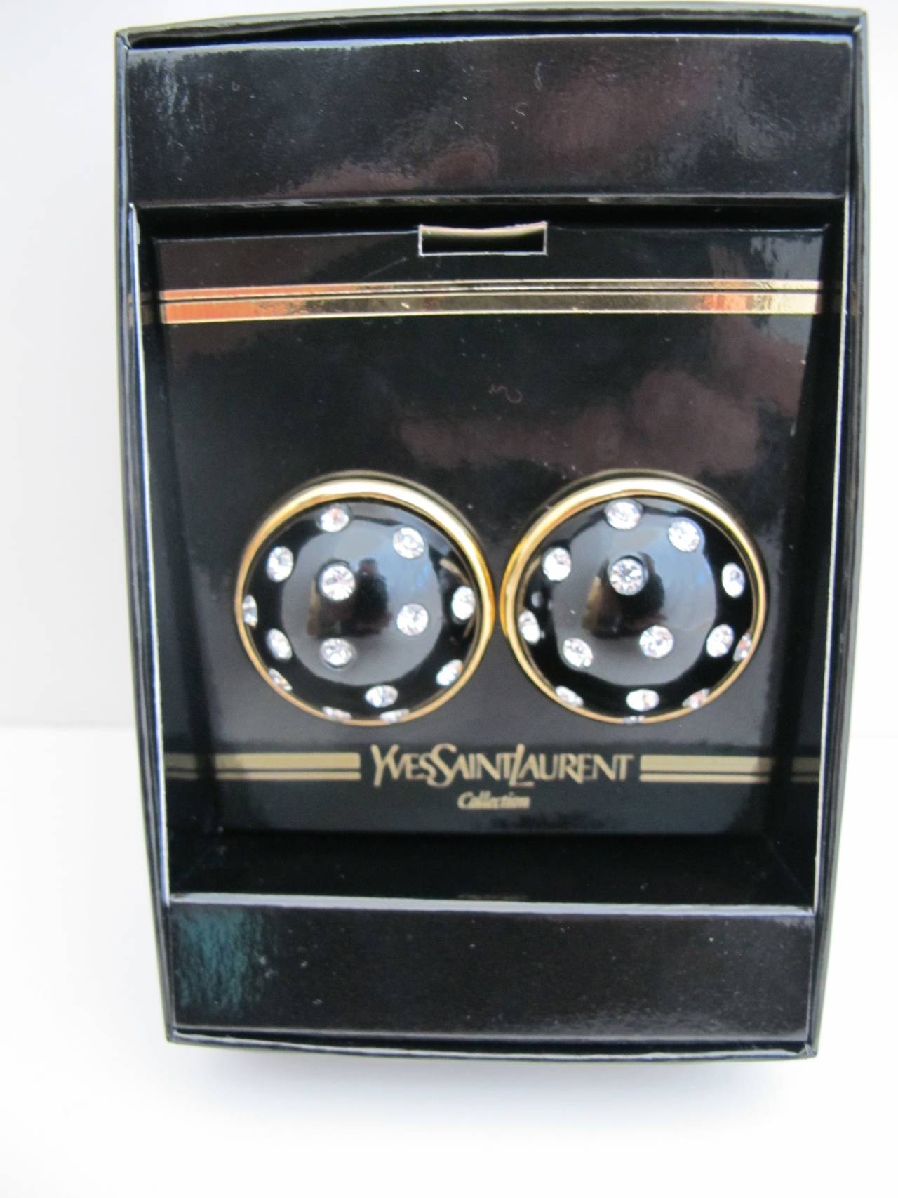 Yves St. Laurent 1980's Black and Rhinestone Clip-on Earrings For Sale 1