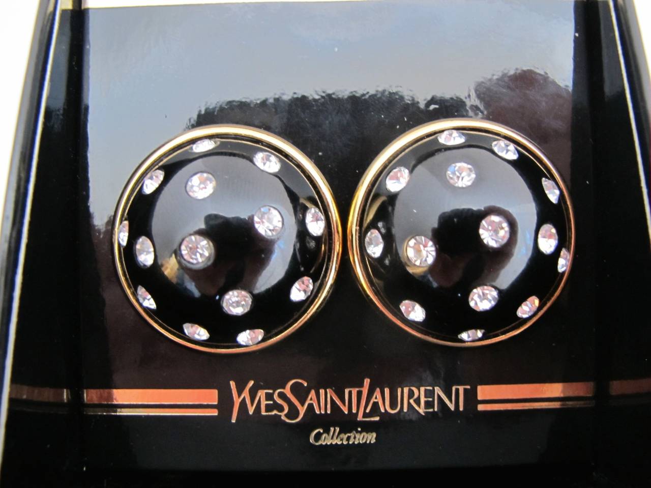 Yves St. Laurent 1980's Black and Rhinestone Clip-on Earrings For Sale 2