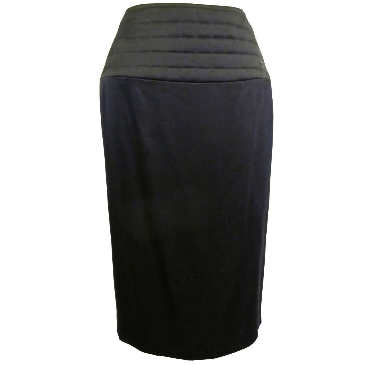 Chanel Black Satin Skirt with Iconic Black Quilting on Top of Skirt For Sale