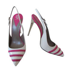 New Versace White Patent Leather Shoes with Fuchsia Strips