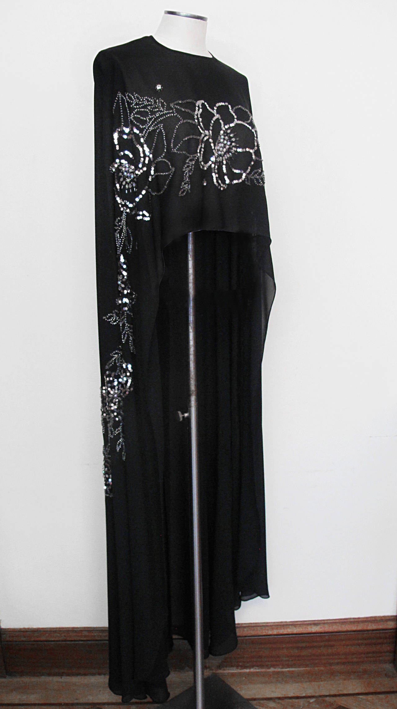 Black Silk Chiffon Embroidered Evening Cape In Excellent Condition In San Francisco, CA