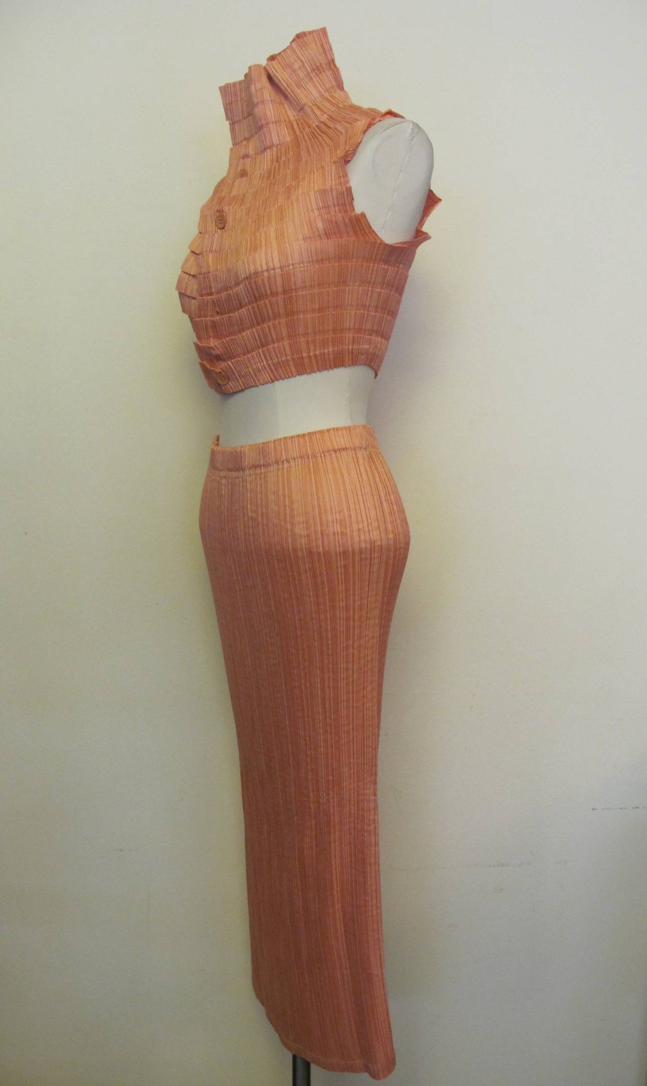 Brown 1990's Issey Miyake Light Salmon Blouse and Skirt For Sale