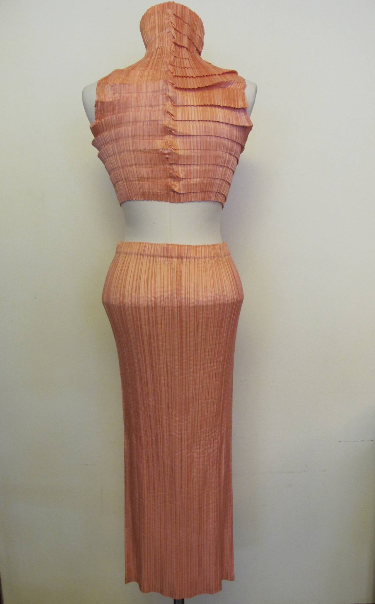 1990's Issey Miyake Light Salmon Blouse and Skirt In Excellent Condition For Sale In San Francisco, CA