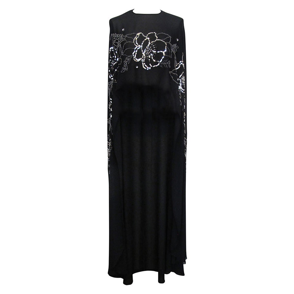 Black Silk Chiffon Embroidered Evening Cape