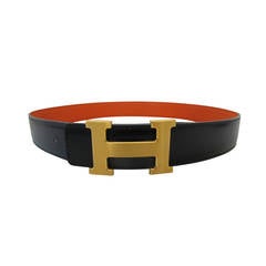 Hermes Reversible Black & Orange Belt with Gold "H" Buckle