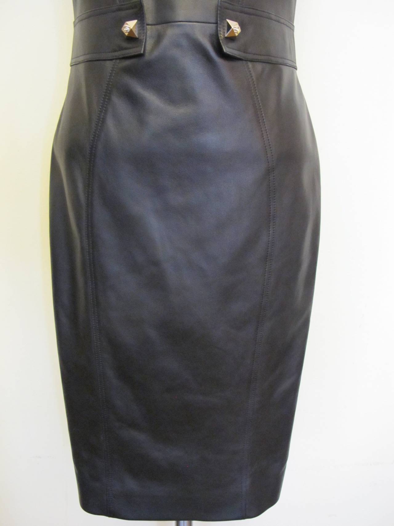 New Gianni Versace Navy Blue Leather Dress For Sale 1