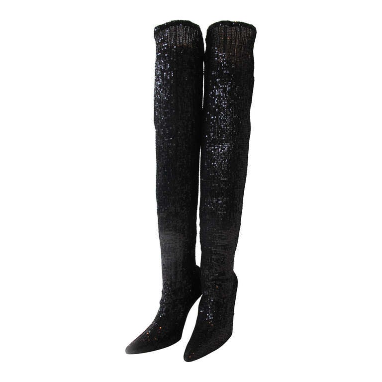 New Manolo Blahnik Pacalare Black Sequin Boots For Sale