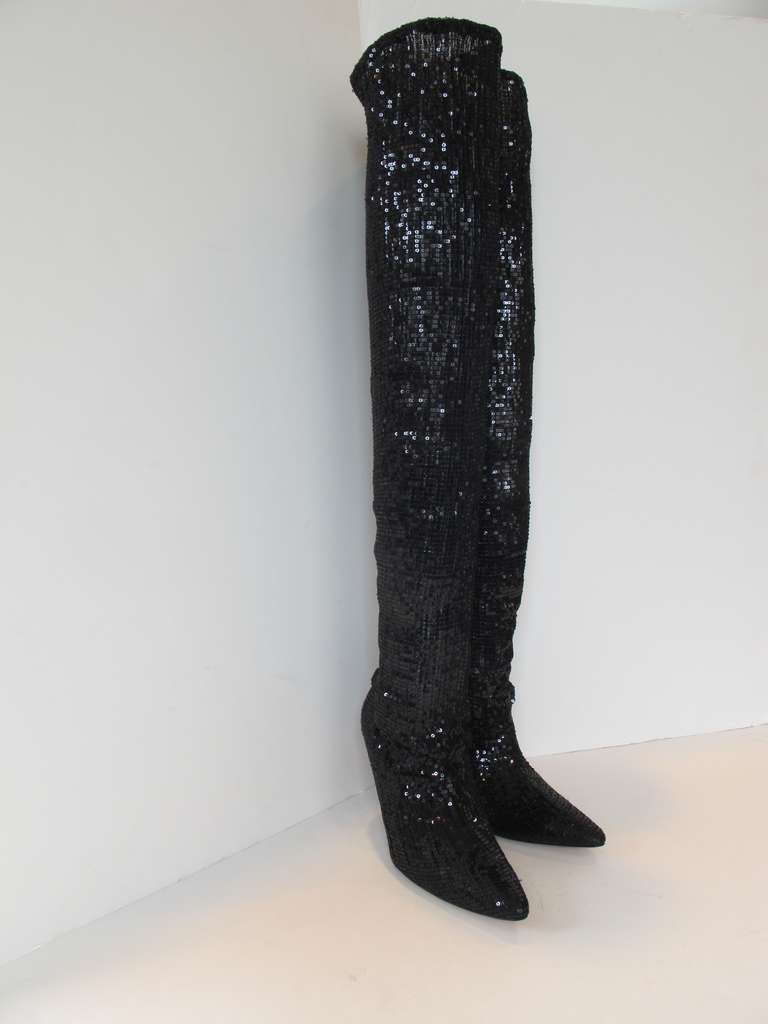 Women's New Manolo Blahnik Pacalare Black Sequin Boots For Sale