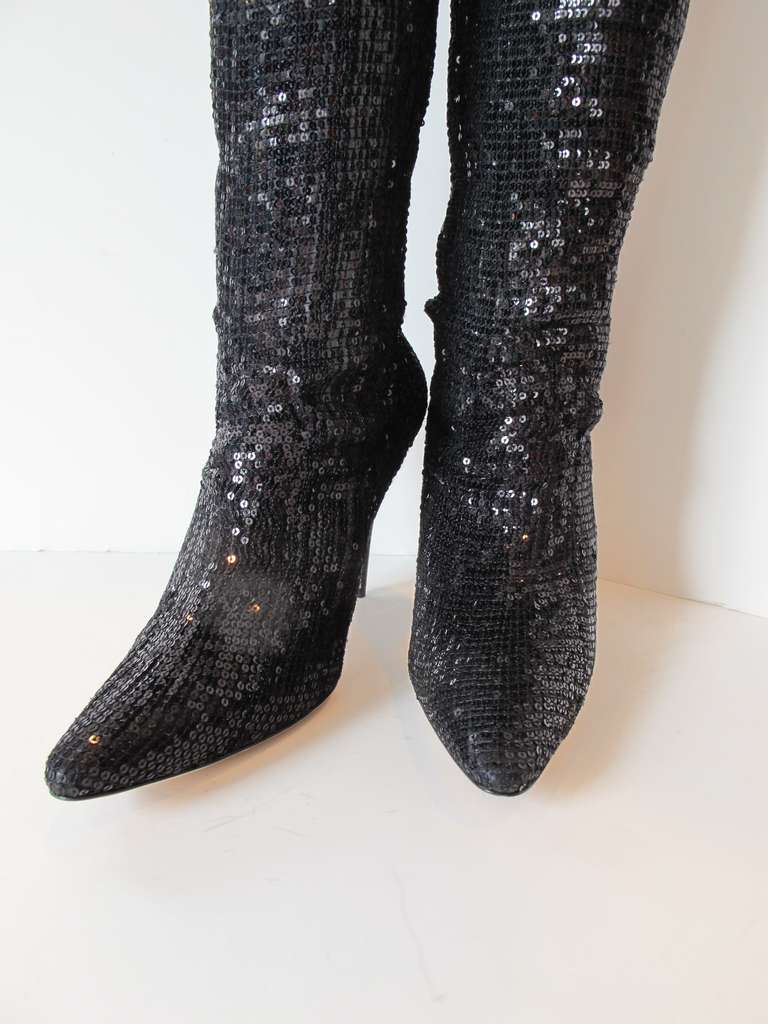 New Manolo Blahnik Pacalare Black Sequin Boots For Sale 1