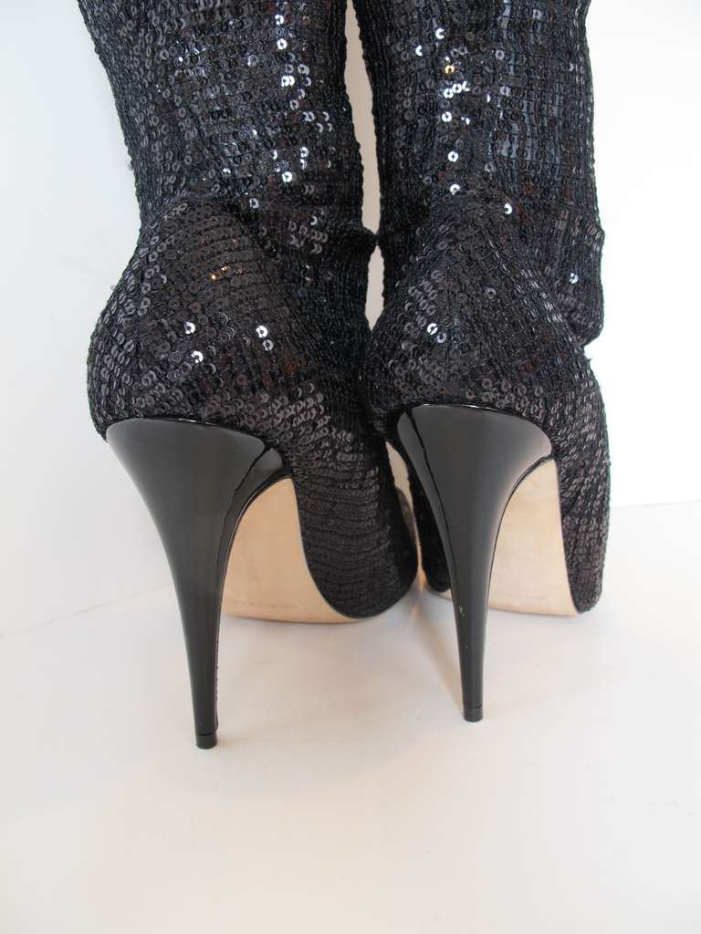 New Manolo Blahnik Pacalare Black Sequin Boots For Sale 2